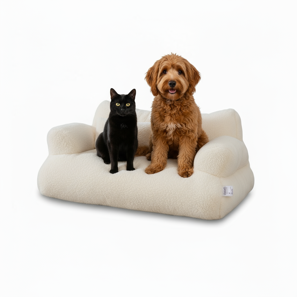 Black cat and dog sitting upright on cream bed